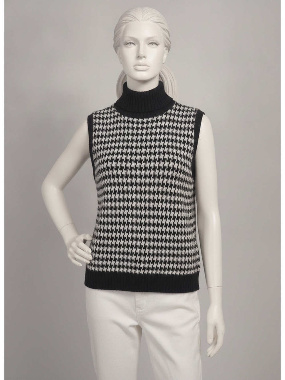 Lauren Ralph Lauren 3X Black and White Houndstooth Sleeveless Turtleneck Sweater